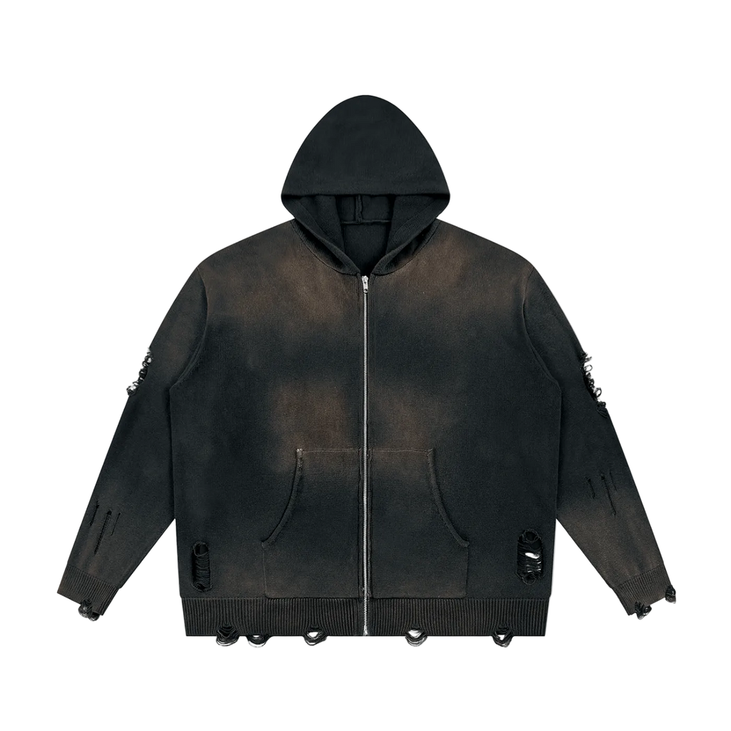 Liotux Unisex Distressed Full Zip Sweater – Heavyweight Fleece