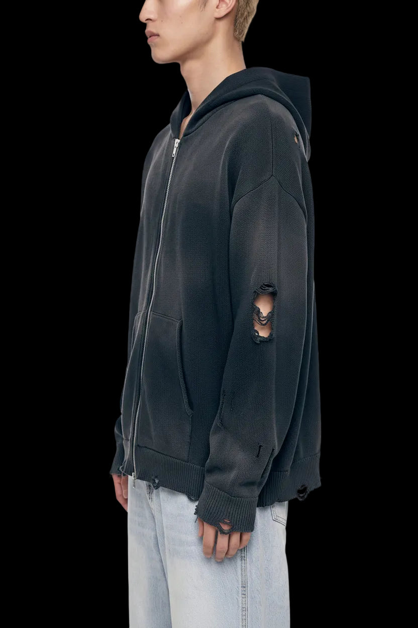 Liotux Unisex Distressed Full Zip Sweater – Heavyweight Fleece