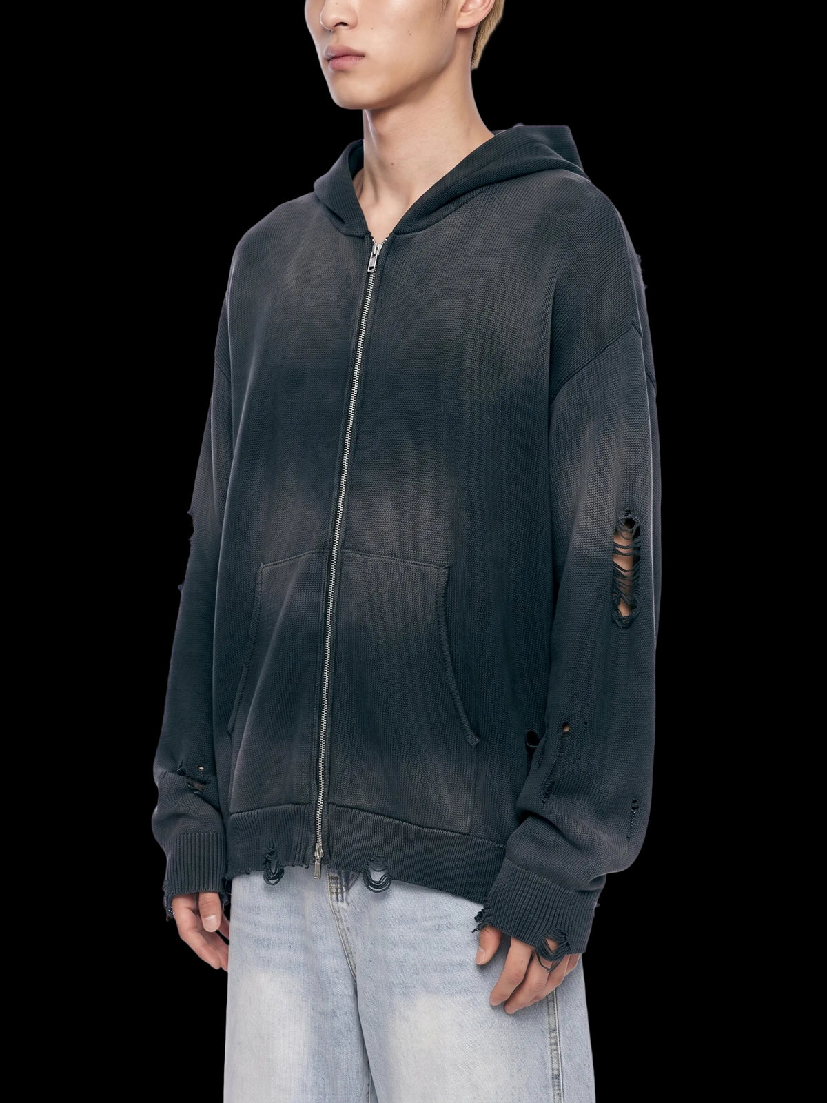 Liotux Unisex Distressed Full Zip Sweater – Heavyweight Fleece